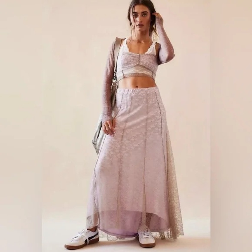 Free People Lilac Lace Crop Top & Maxi Skirt Set